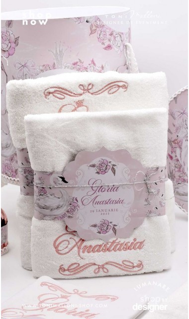 Trusou de botez cu lebede si motive florale personalizat pentru fete, Lebada alba 15